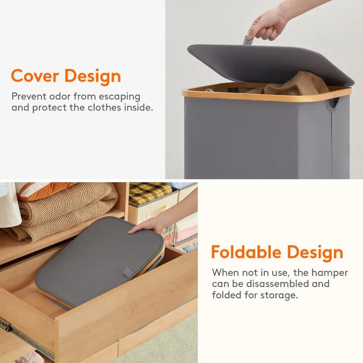 Foldable Fabric Laundry Basket with Lid - Tall Laundry Bin with Bamboo Handles & Removable Bag