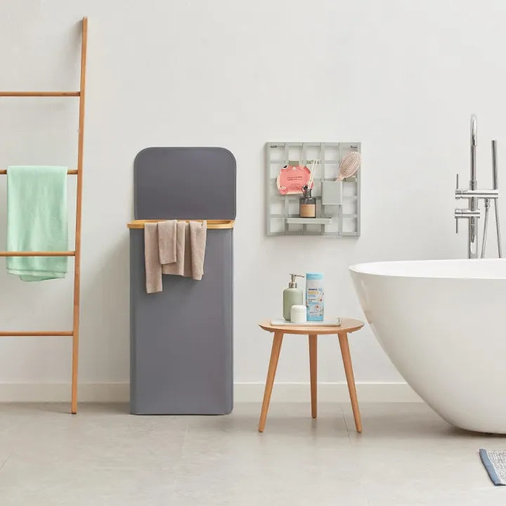 Foldable Fabric Laundry Basket with Lid - Tall Laundry Bin with Bamboo Handles & Removable Bag