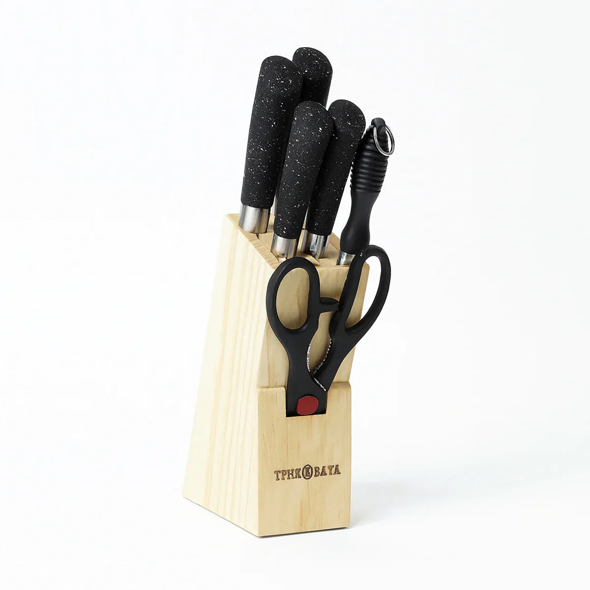7 Pcs Stainless Steel Knife Set with Wooden Block - Black Granite Handle Kitchen Knives & Scissors