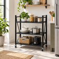 3-Tier Black Metal Folding Shelf – Multipurpose Storage Rack