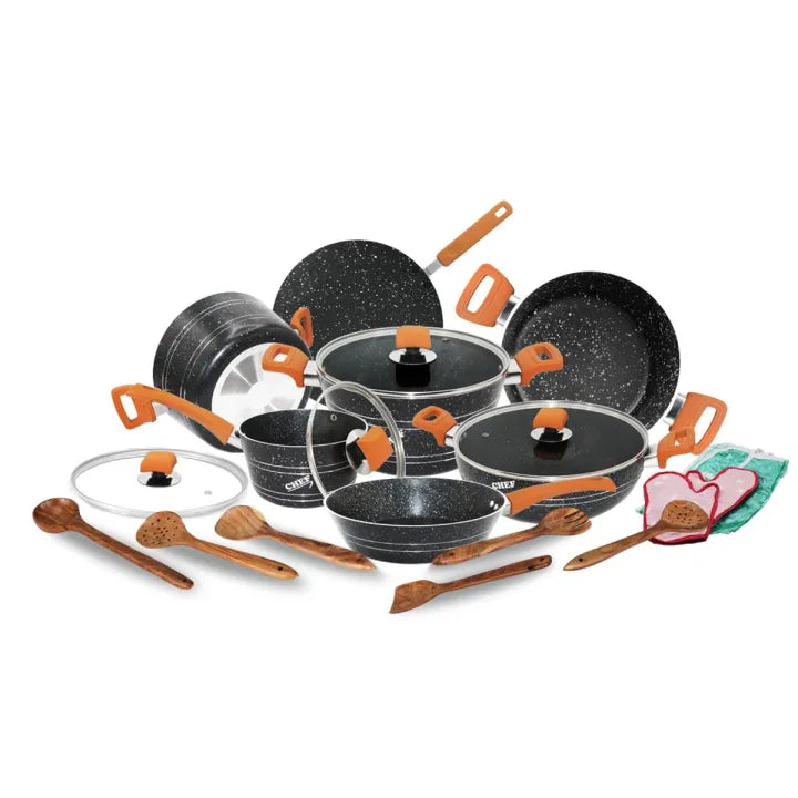 Chef Non-Stick Marble Coating Tapper Series Gift Set - 21 Pcs Black Kitchen Collection
