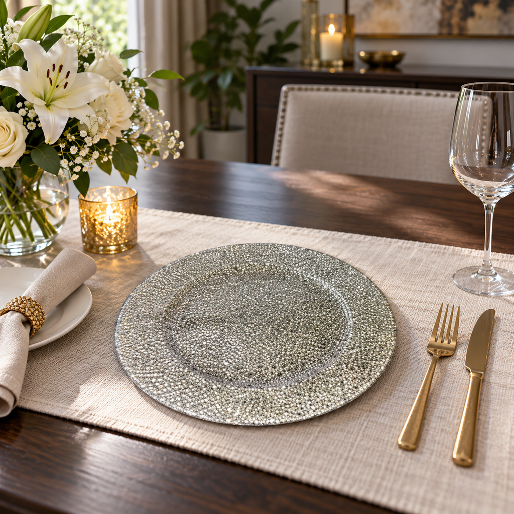 Silver Textured Round Decorative Serving Plate