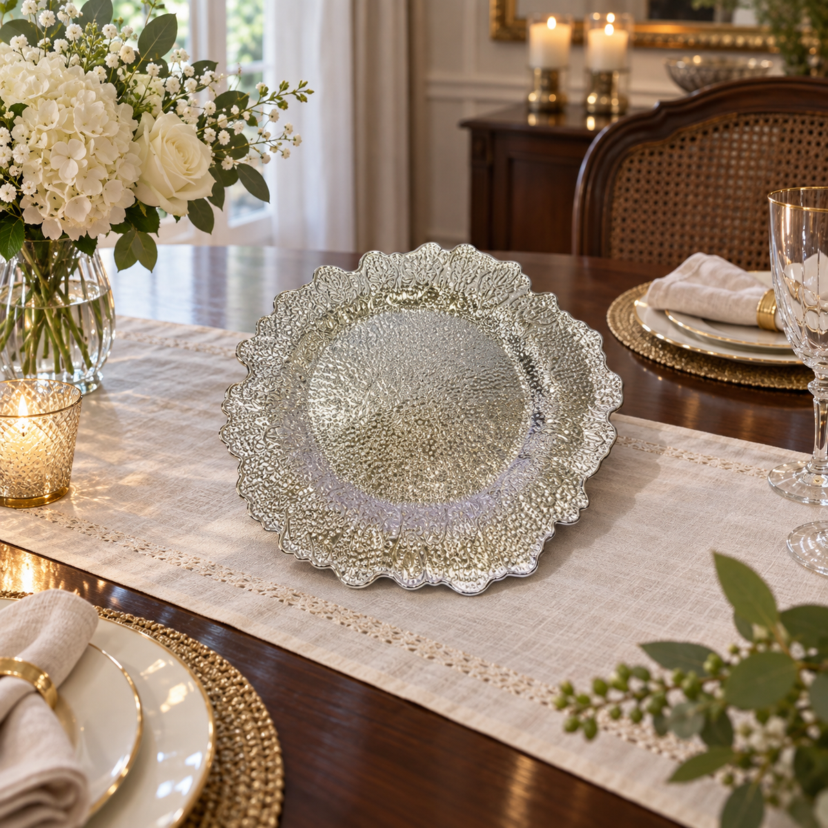 Silver Ornate Scalloped Decorative Serving Plate
