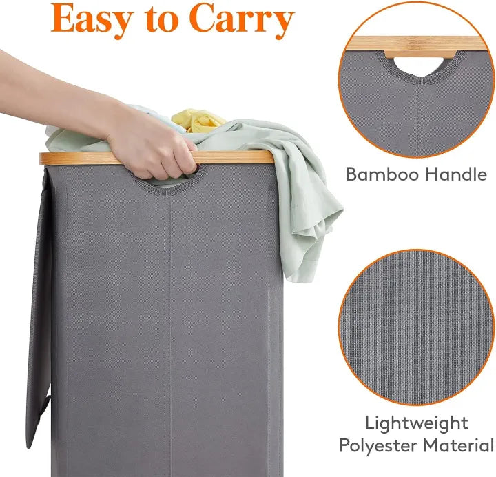 Foldable Fabric Laundry Basket with Lid - Tall Laundry Bin with Bamboo Handles & Removable Bag