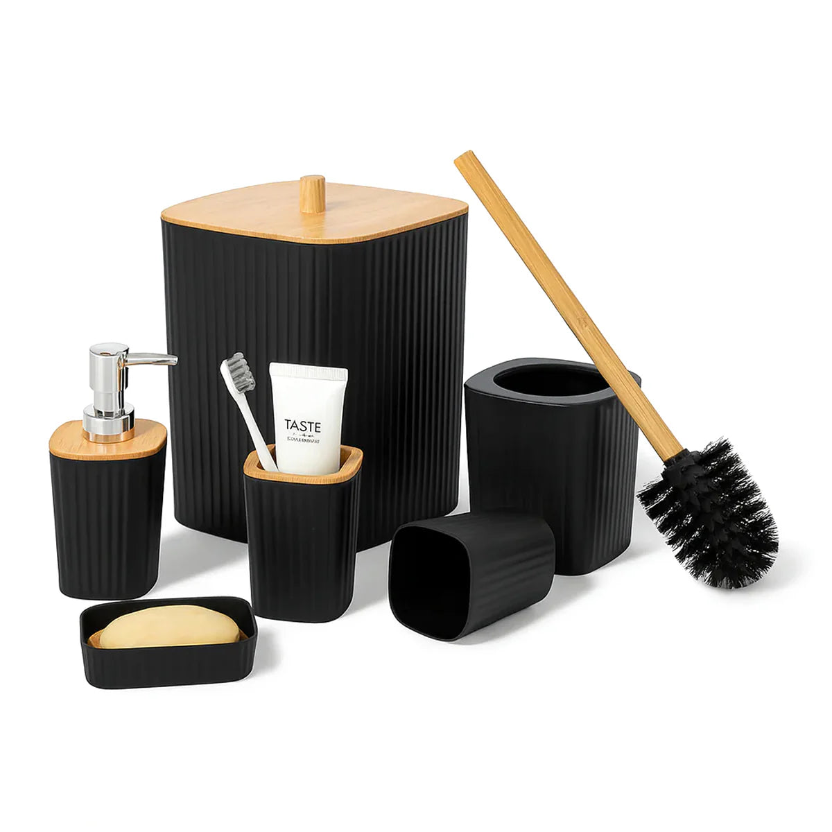 Acrylic 6-Piece Bathroom Accessory Set – Modern Black & Bamboo Finish