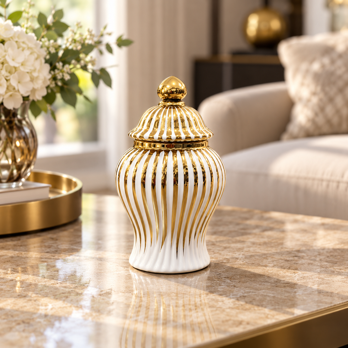 Luxury White & Gold Striped Lidded Decorative Jar – 7 Inch