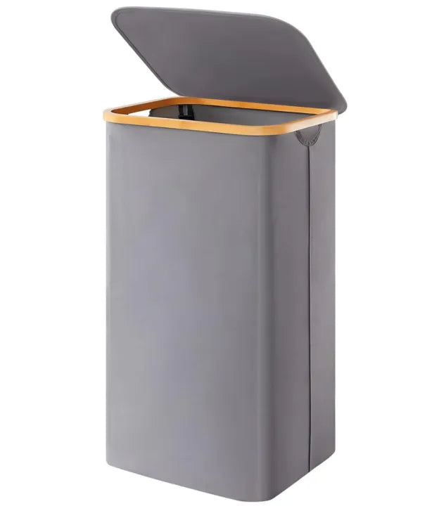 Foldable Fabric Laundry Basket with Lid - Tall Laundry Bin with Bamboo Handles & Removable Bag