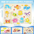 Keep Smiling Wooden Peg Puzzles – 8-in-1 Alphabet, Number, Animal & Vehicles Set for Kids!