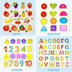 Keep Smiling Wooden Peg Puzzles – 8-in-1 Alphabet, Number, Animal & Vehicles Set for Kids!