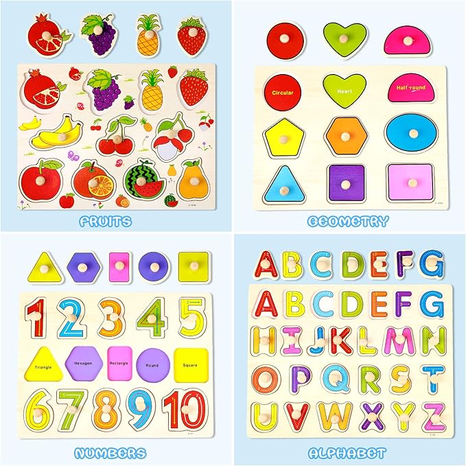 Keep Smiling Wooden Peg Puzzles – 8-in-1 Alphabet, Number, Animal & Vehicles Set for Kids!