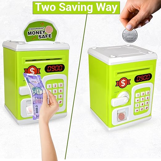 Money Safe for Kids with Fingerprint Sensor - Educational Savings Bank with Digital Lock & Password Protection
