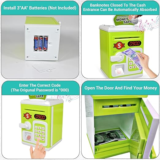 Money Safe for Kids with Fingerprint Sensor - Educational Savings Bank with Digital Lock & Password Protection