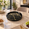 Round Black Marble-Effect Serving Tray with Gold Detail