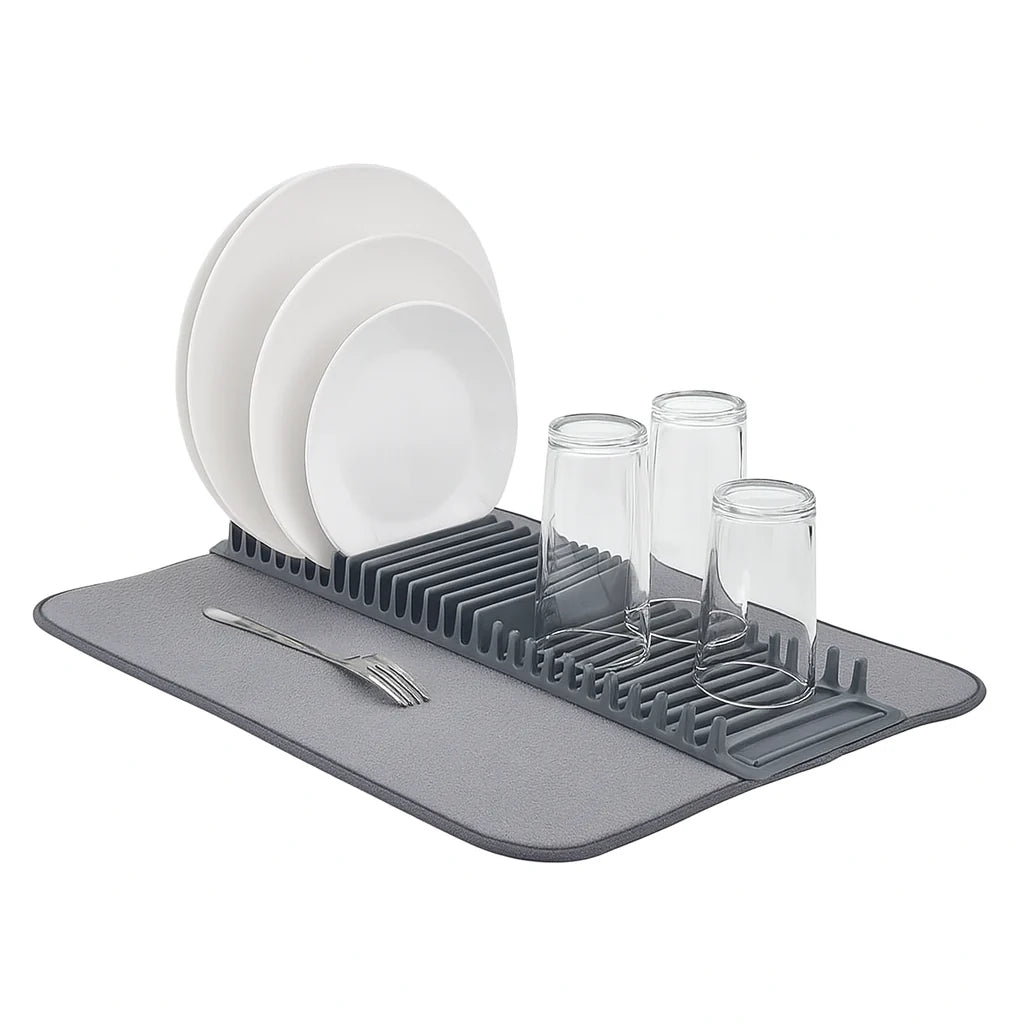 Dish Drying Mat with Drain Rack - Absorbent Kitchen Counter Mat for Drying Dishes & Utensils