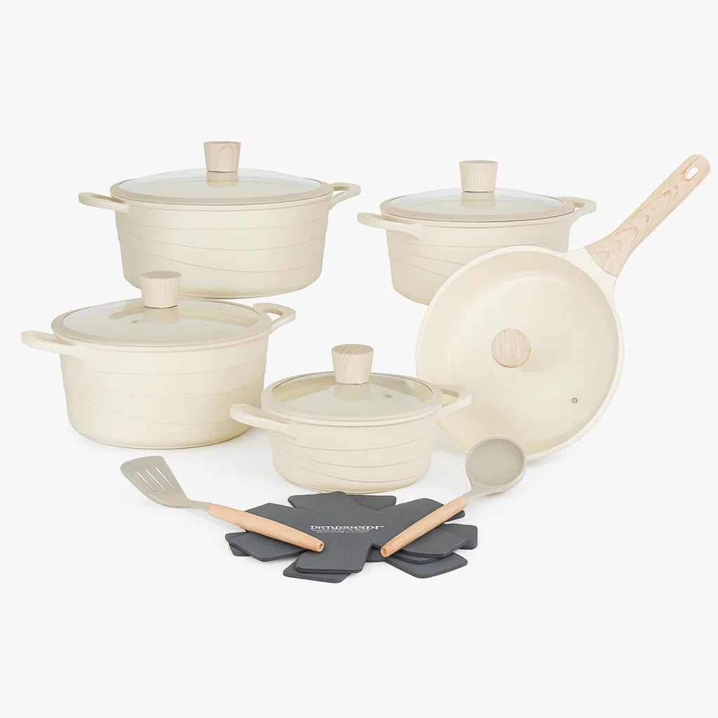 12-Piece Non-Stick Cookware Set – Grey & Beige | Premium Induction Base Pots and Pans with Lids & Utensils