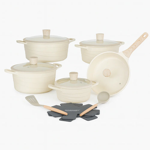 12-Piece Non-Stick Cookware Set – Grey & Beige | Premium Induction Base Pots and Pans with Lids & Utensils