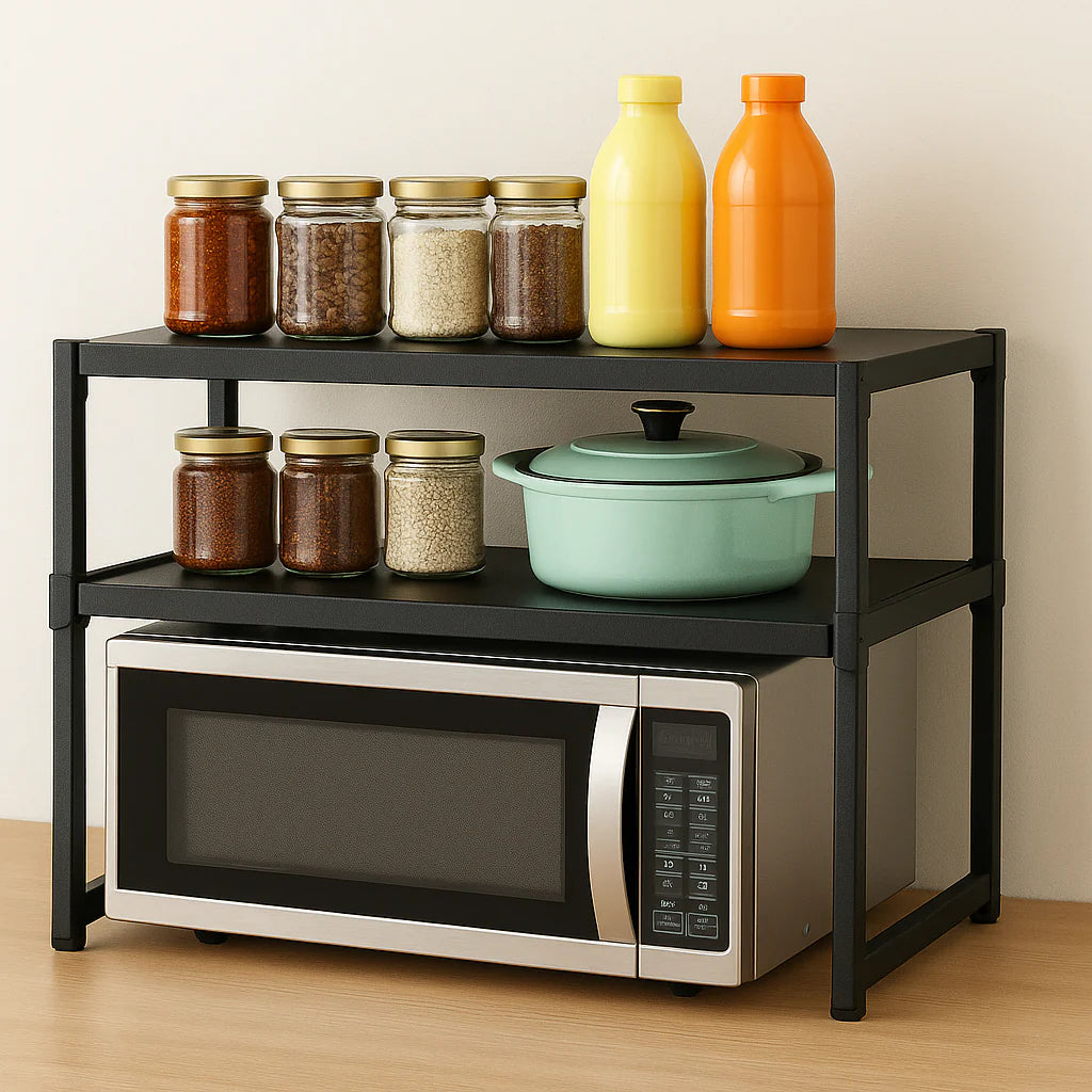 2-Tier Simple Kitchen Shelf Rack – Countertop Organizer for Microwave, Spices & Cookware