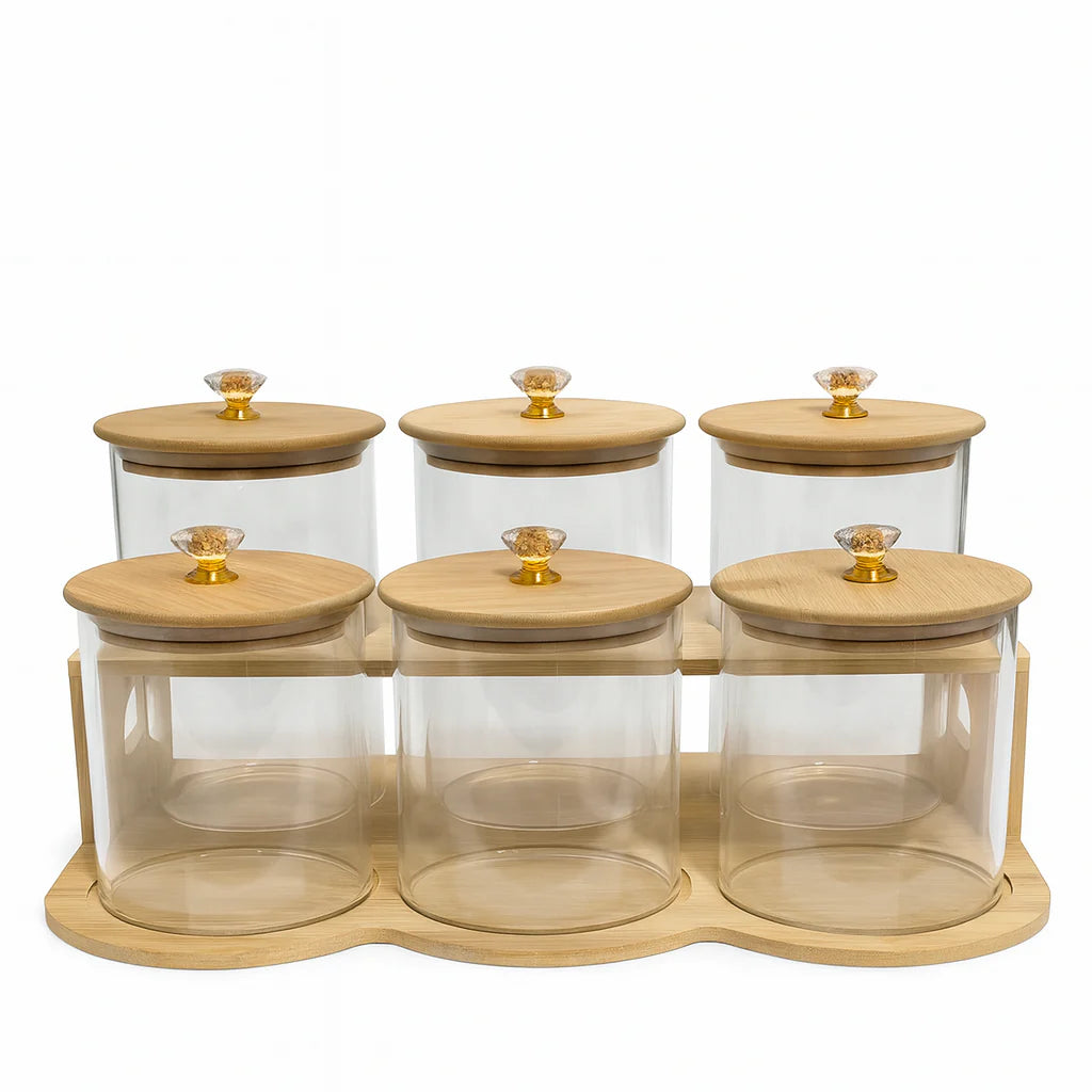 6Pcs Glass Jar Set with Wooden Stand – Airtight Kitchen Storage Containers