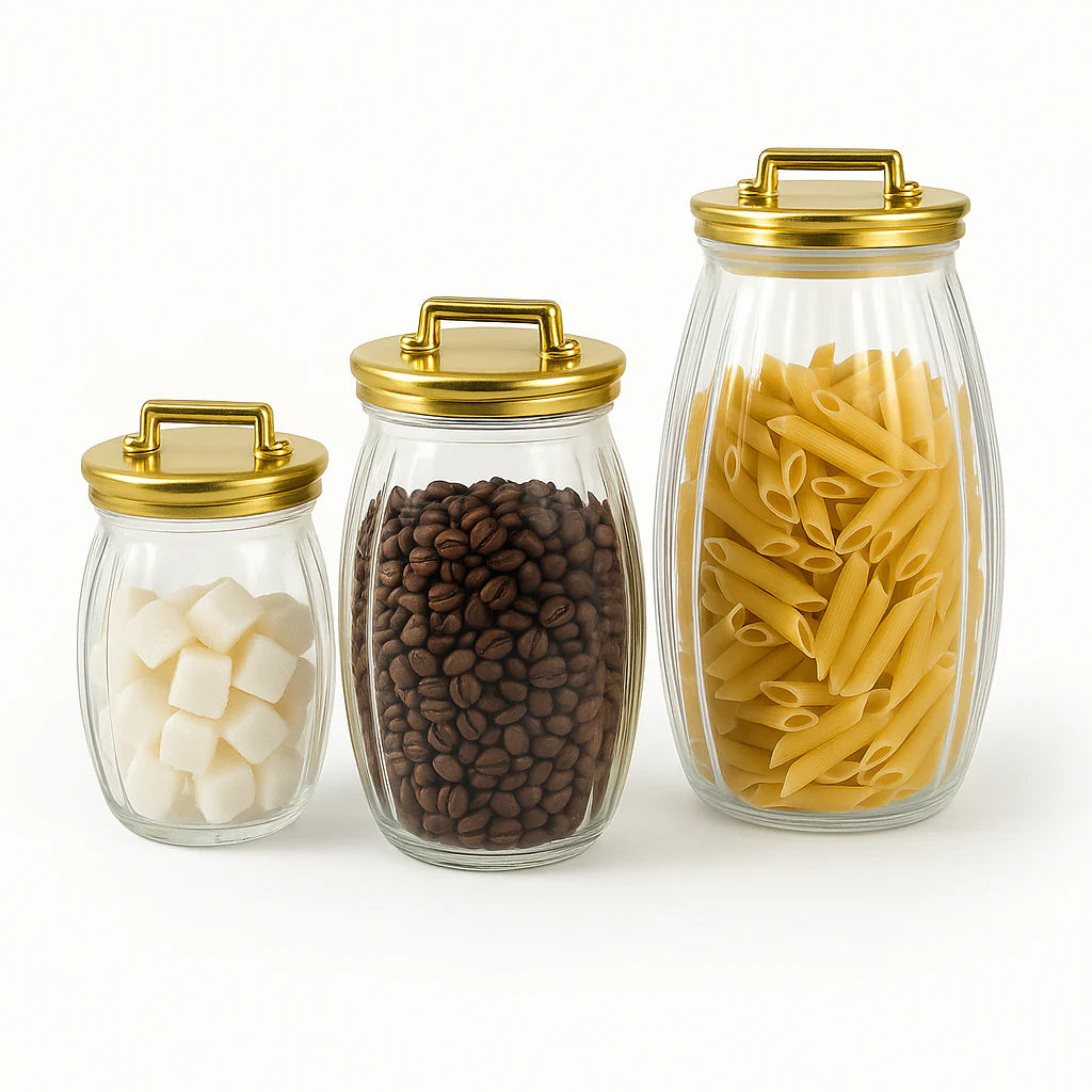 3 Pcs Sealed Storage Jars with Vertical Stripes & Handles – Gold, Rose Gold, Silver