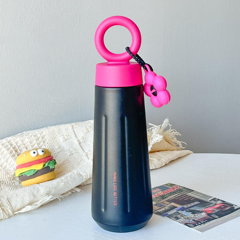 450ml Stainless Steel Flower Thermos - Cute Student Portable Water Bottle with Round Handle