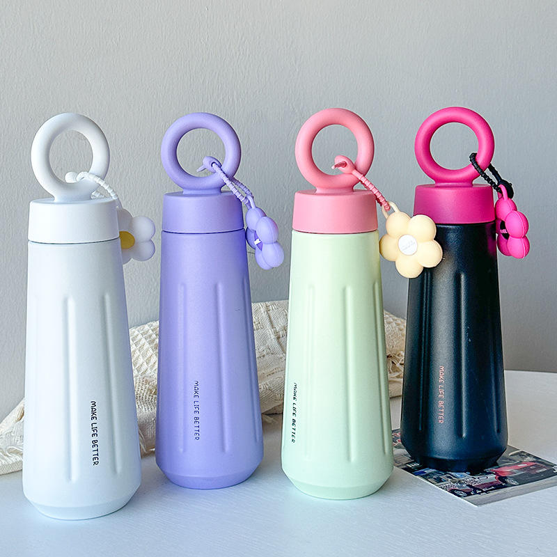 450ml Stainless Steel Flower Thermos - Cute Student Portable Water Bottle with Round Handle