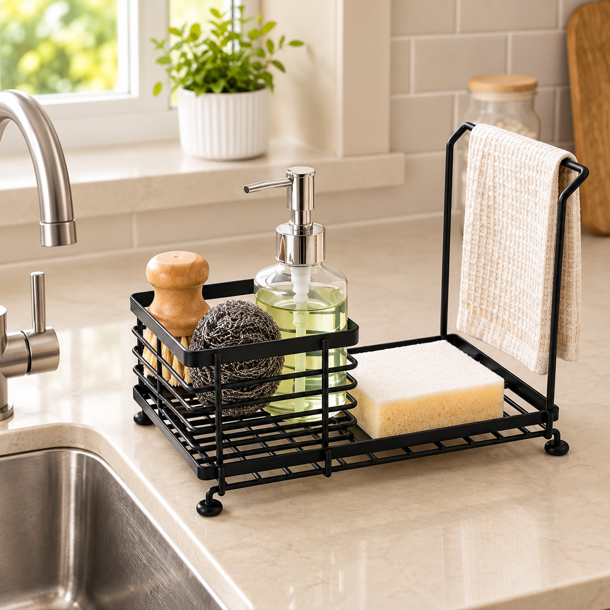 Kitchen Sink Organizer with Sponge Holder & Towel Bar
