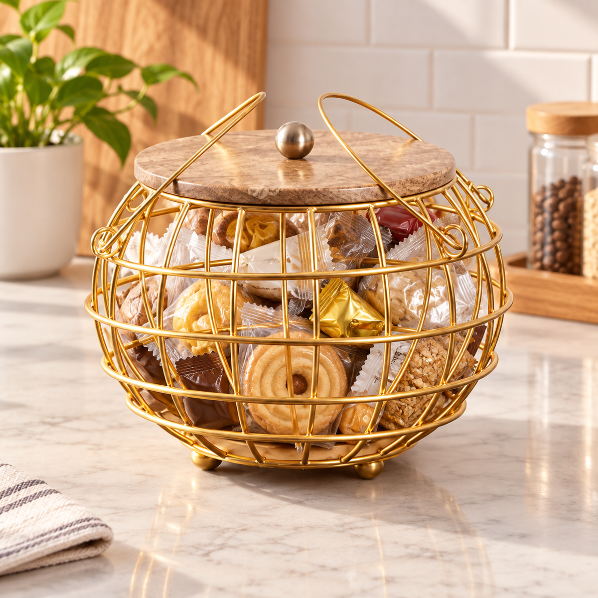 Decorative Gold Wire Storage Basket with Wooden Lid