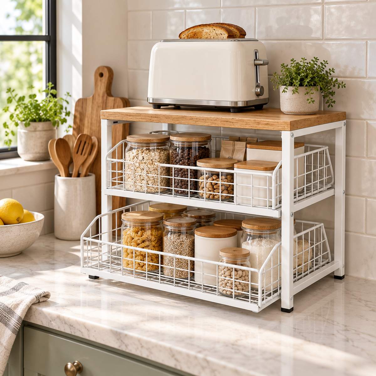 2-Tier Pull-Out Wire Basket Kitchen Countertop Organizer