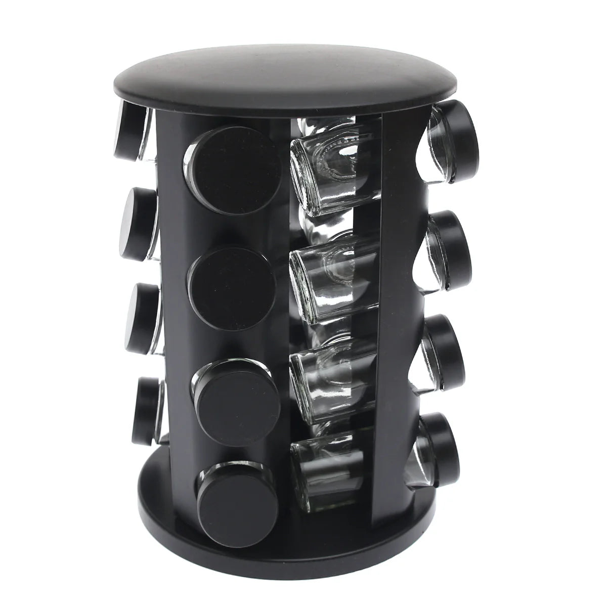 Black Rotating Spice Rack with 16 Glass Jars – 360° Kitchen Spice Organizer