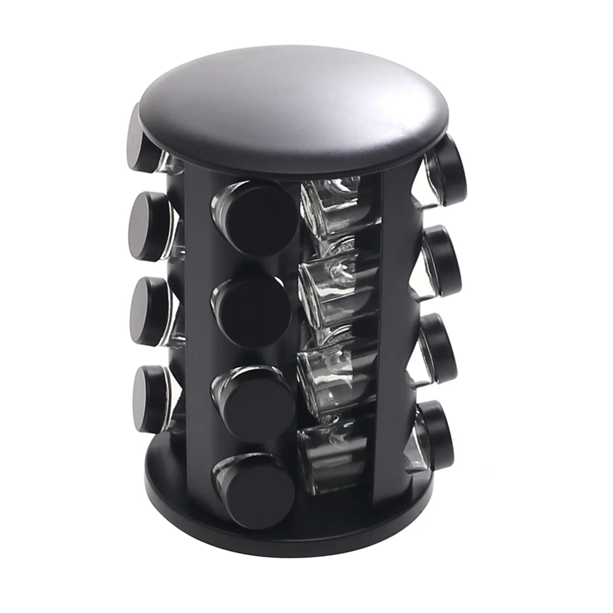 Black Rotating Spice Rack with 16 Glass Jars – 360° Kitchen Spice Organizer