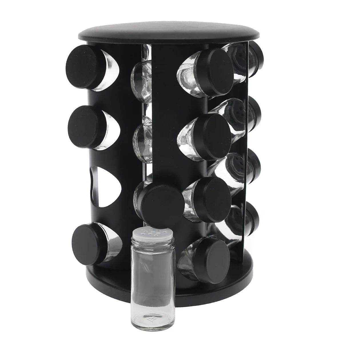 Black Rotating Spice Rack with 16 Glass Jars – 360° Kitchen Spice Organizer
