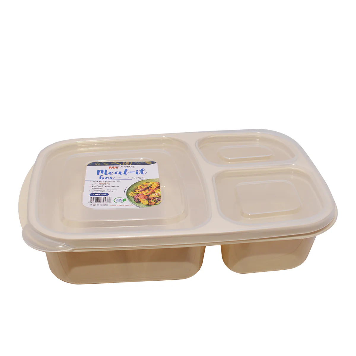 1pc Meal-It Box Large – 3-Compartment Lunch Box with Lid (Green, Beige, Grey, Pink)