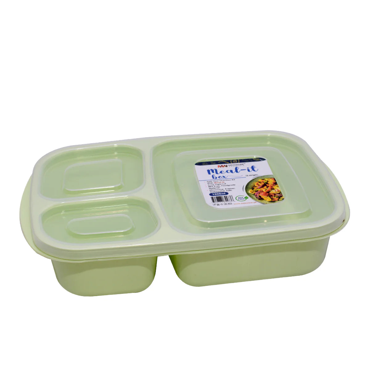 1pc Meal-It Box Large – 3-Compartment Lunch Box with Lid (Green, Beige, Grey, Pink)