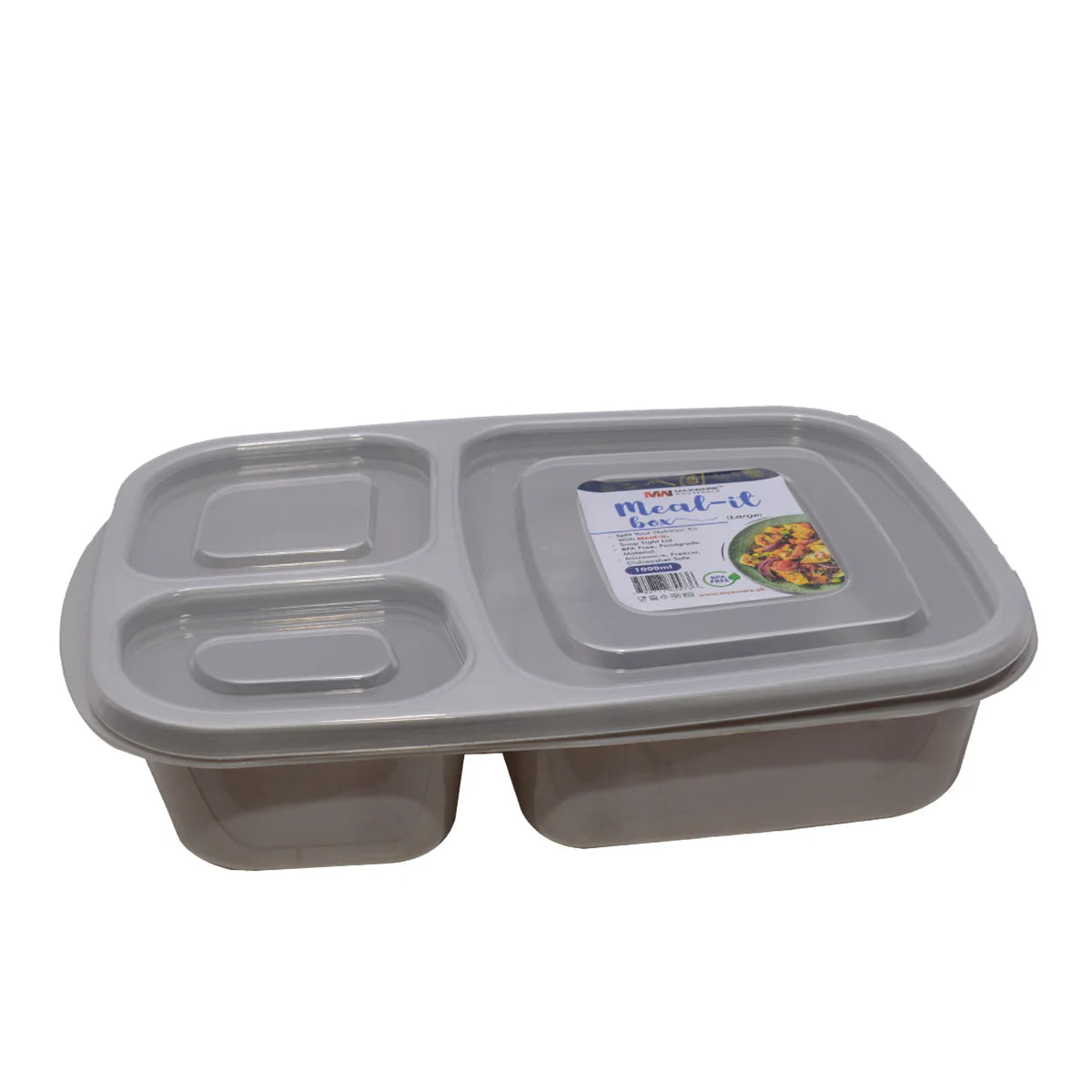 1pc Meal-It Box Large – 3-Compartment Lunch Box with Lid (Green, Beige, Grey, Pink)