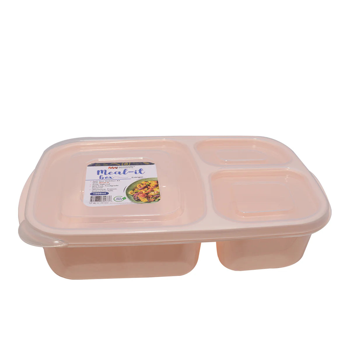 1pc Meal-It Box Large – 3-Compartment Lunch Box with Lid (Green, Beige, Grey, Pink)