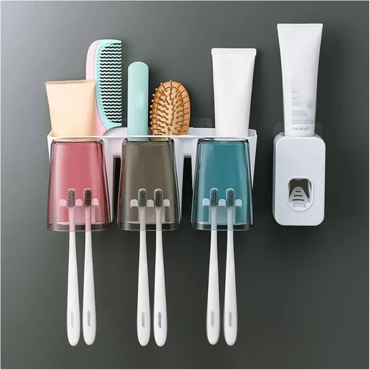 Wall-Mounted Toothbrush Storage Holder with Automatic Toothpaste Dispenser – Multi-Function Bathroom Organizer Set
