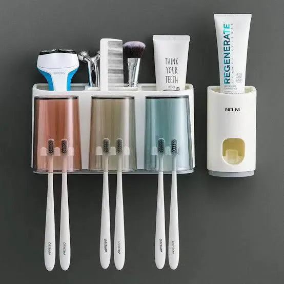 Wall-Mounted Toothbrush Storage Holder with Automatic Toothpaste Dispenser – Multi-Function Bathroom Organizer Set