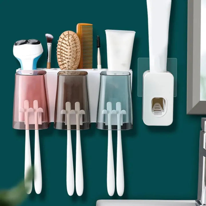Wall-Mounted Toothbrush Storage Holder with Automatic Toothpaste Dispenser – Multi-Function Bathroom Organizer Set