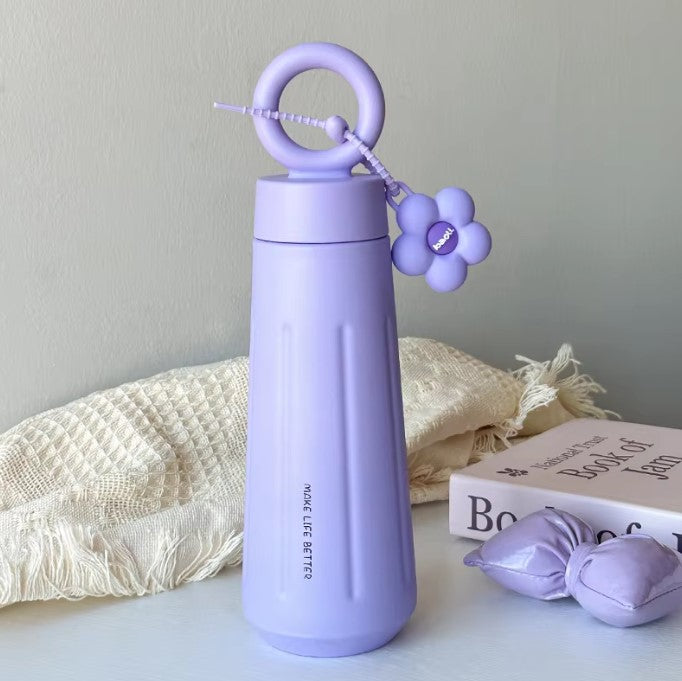 450ml Stainless Steel Flower Thermos - Cute Student Portable Water Bottle with Round Handle