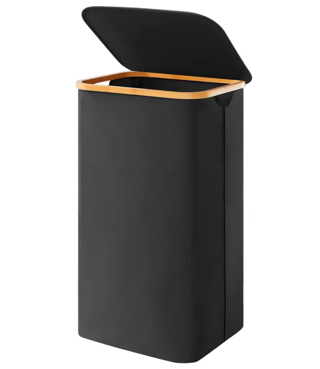 Foldable Fabric Laundry Basket with Lid - Tall Laundry Bin with Bamboo Handles & Removable Bag