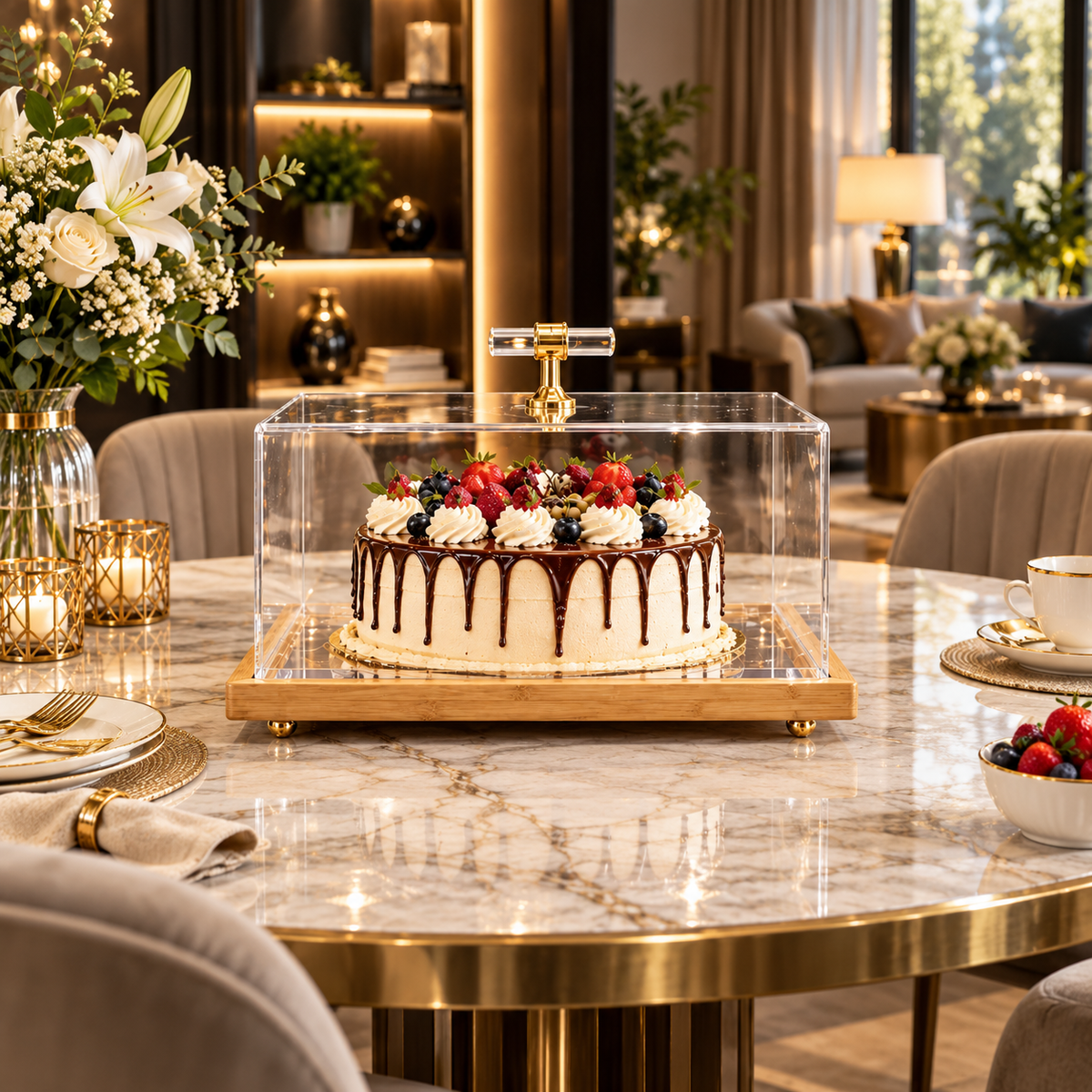 Premium Clear Acrylic Cake Dome with Wooden Base & Handle