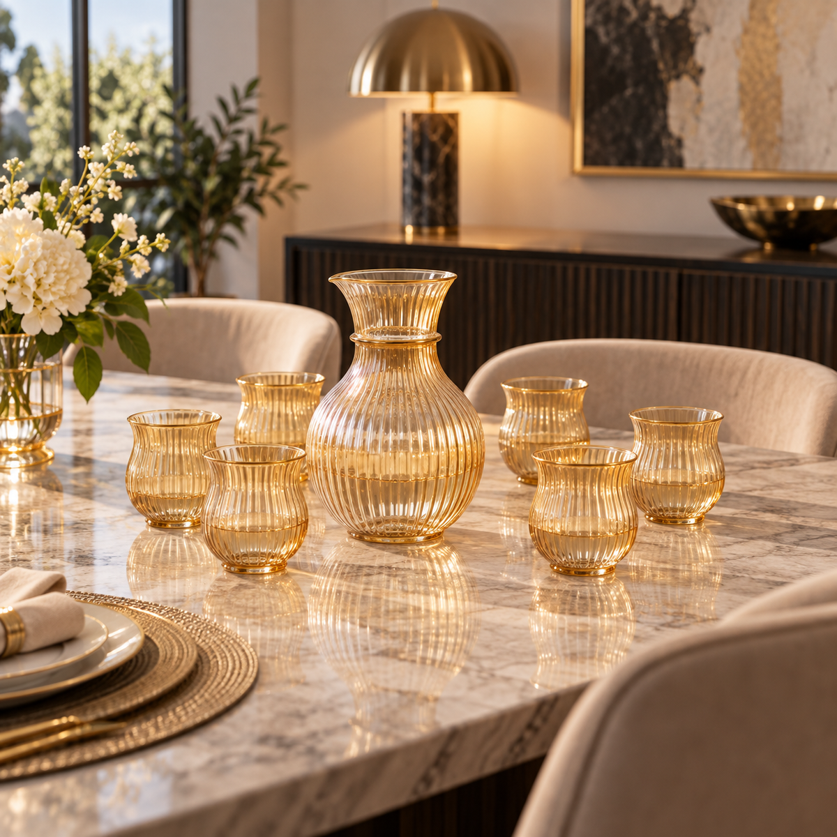 Luxury Amber Ribbed Glass Water Set – 7 Pieces