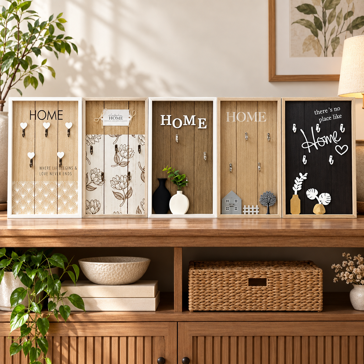 Decorative Framed Wooden Wall Key Holder Organizer – Assorted Design