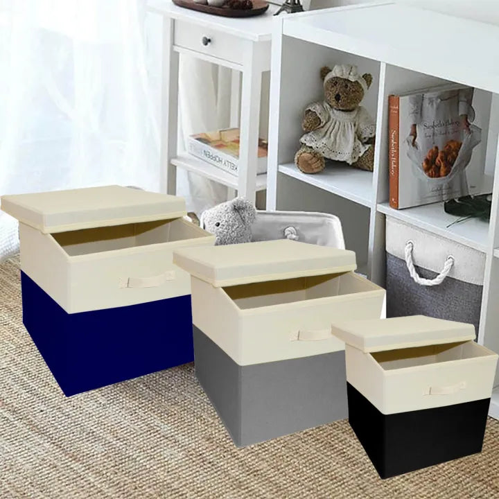 Foldable Fabric Storage Box with Lid - Multipurpose Organizer with Handles for Home & Office