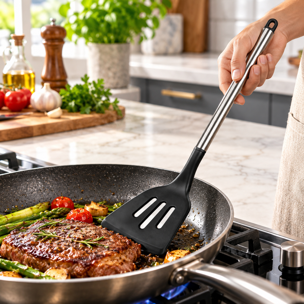Slotted Silicone Turner with Stainless Steel Handle