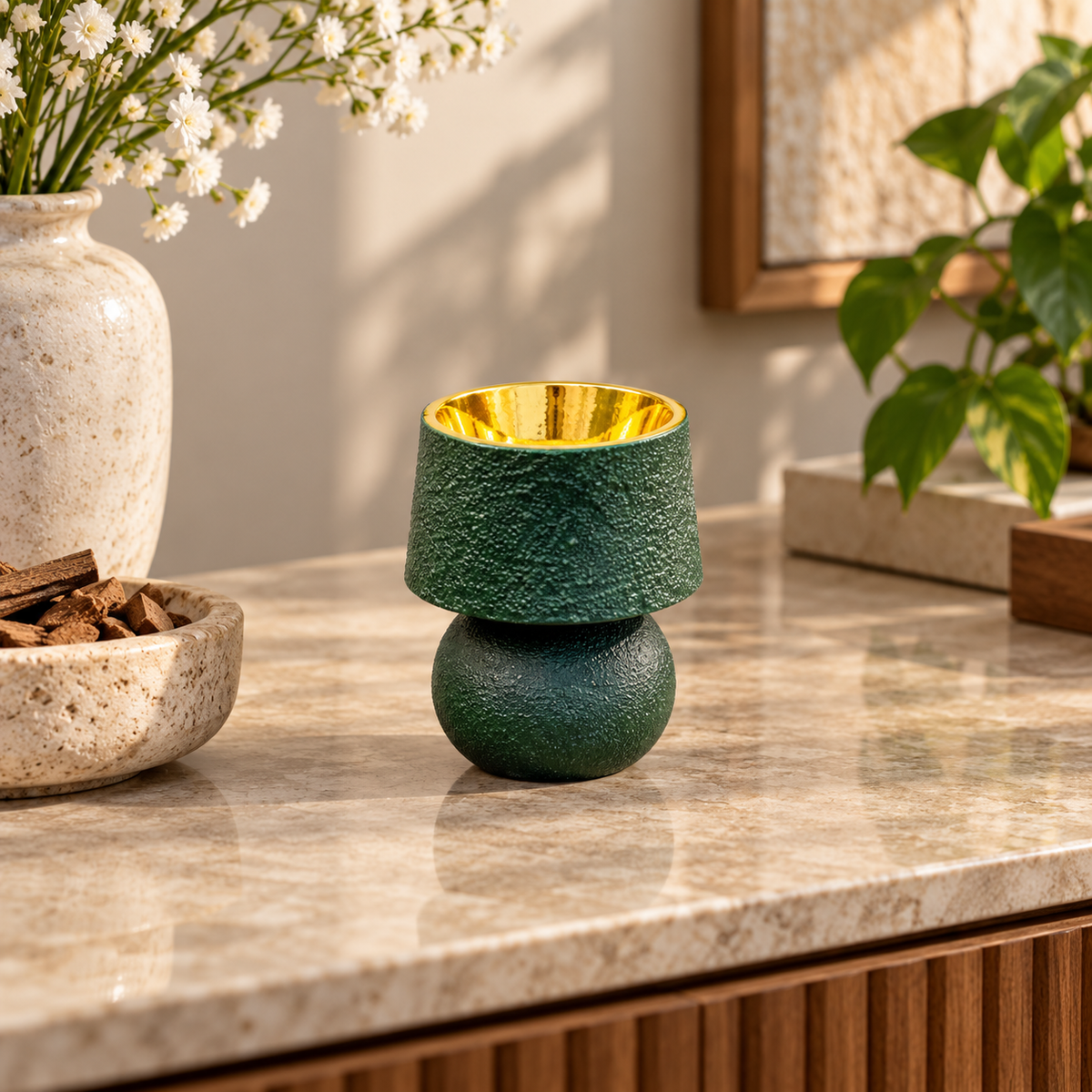 Textured Green Incense Burner with Gold Interior