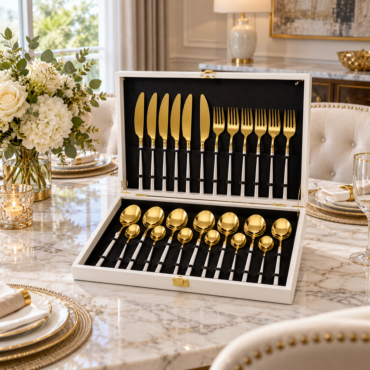 Premium White & Gold M-Ring Cutlery Set with Case