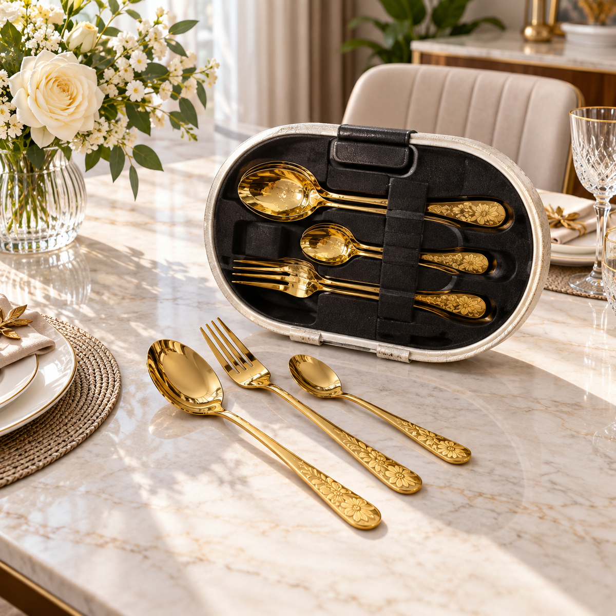 36-Piece Gold Floral Cutlery Set with Storage Case