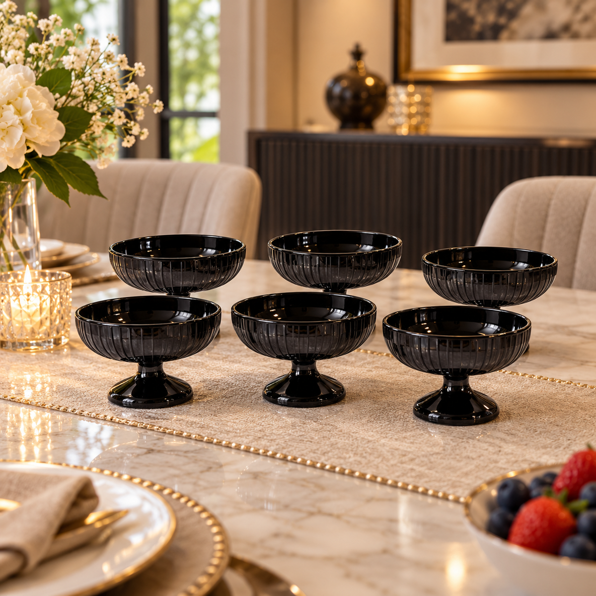 Luxury Black Glass Dessert Bowl Set – 6 Pieces
