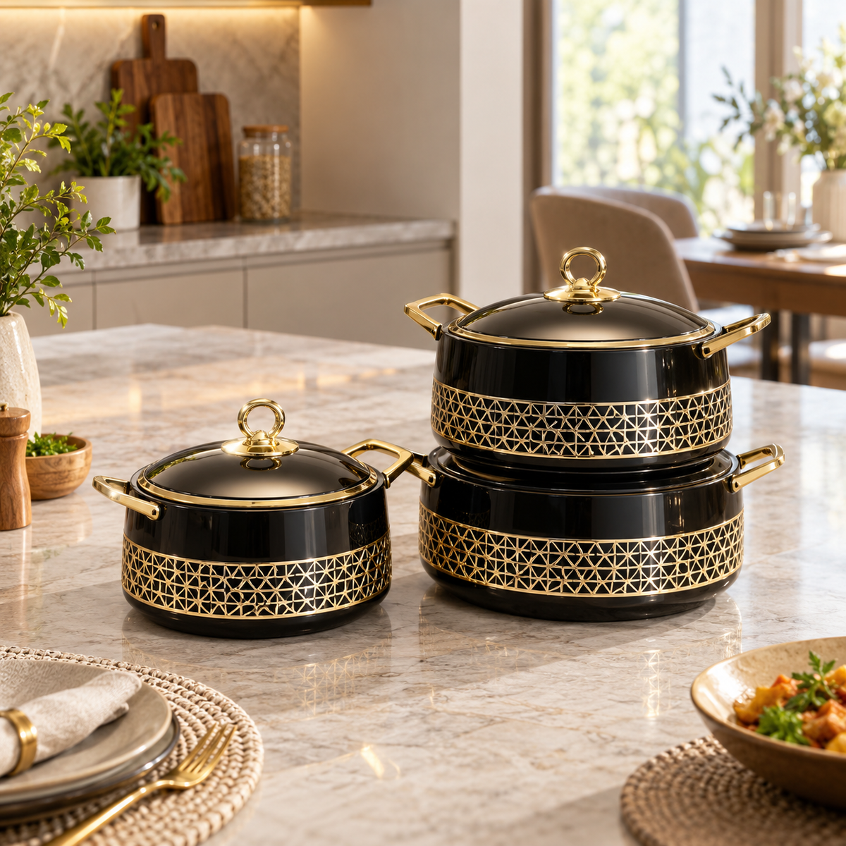Luxury Black & Gold Insulated Hot Pot Set – 3 Pieces